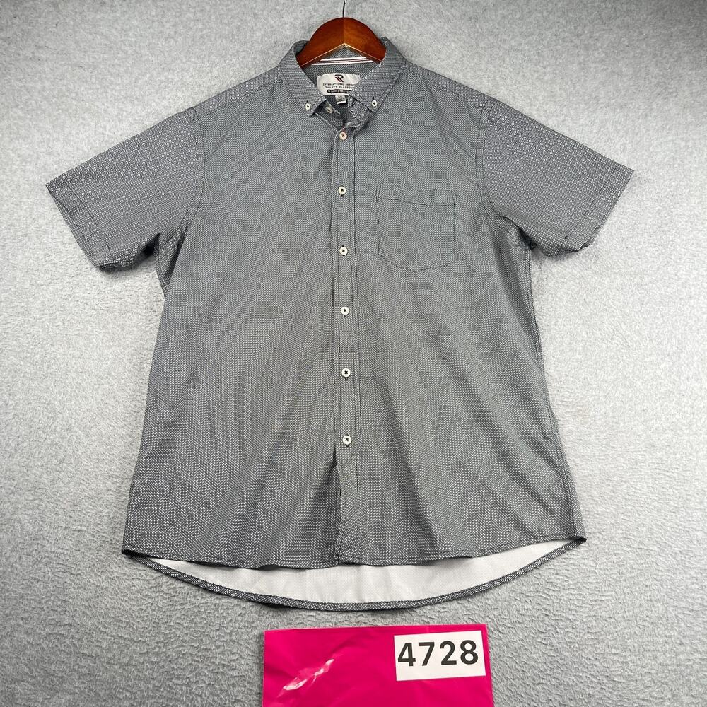 International Report Stretch Shirt Black Geometric Button Up Short Sleeve Mens L
